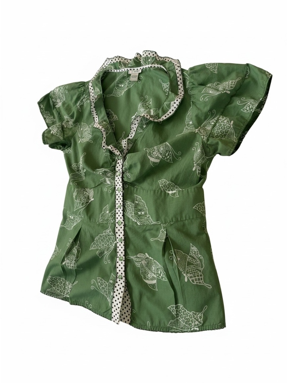 Women’s Green Butterfly Print Ruffle-Trim Shirt